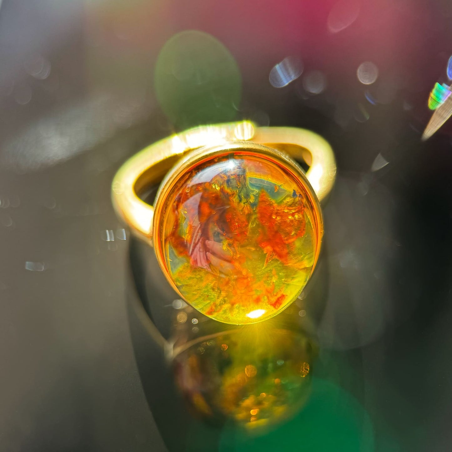 Florence Stained Glass - Dominican Blue Amber Plant Fossil Amber Handcrafted Silver Ring