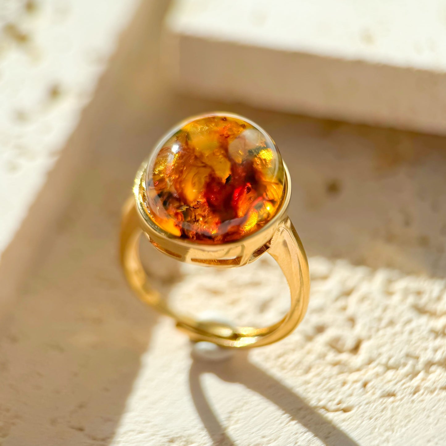Florence Stained Glass - Dominican Blue Amber Plant Fossil Amber Handcrafted Silver Ring