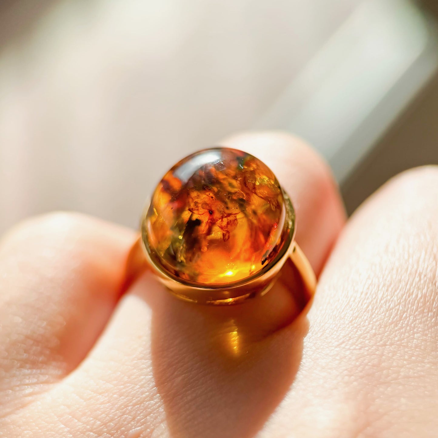 Florence Stained Glass - Dominican Blue Amber Plant Fossil Amber Handcrafted Silver Ring