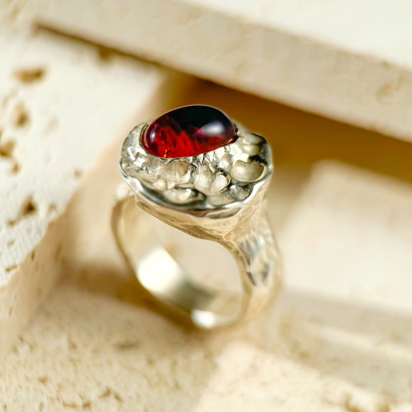 Sunset Glow - Natural Red Skin Dominican Blue Amber Sky Blue Amber Ring