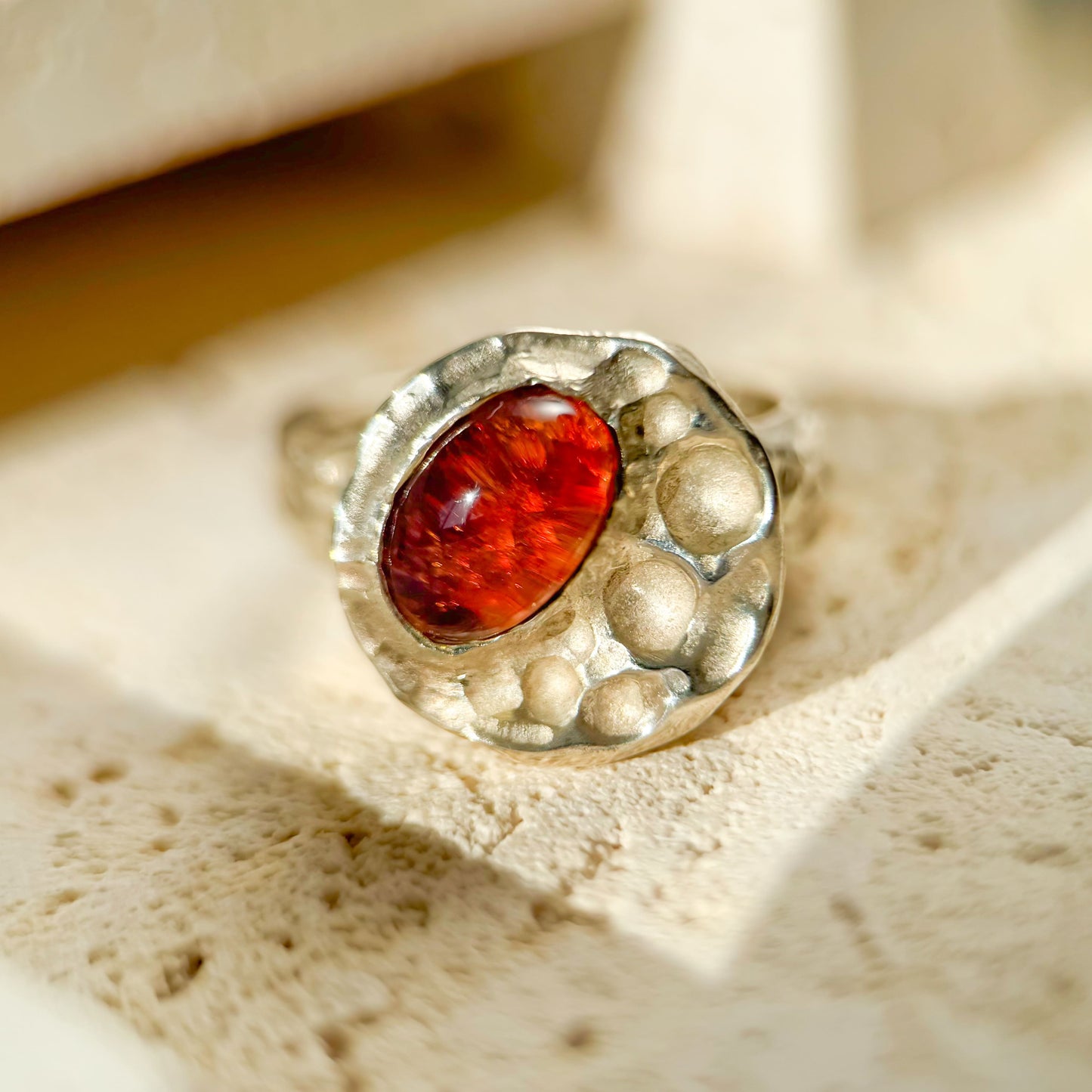 Sunset Glow - Natural Red Skin Dominican Blue Amber Sky Blue Amber Ring