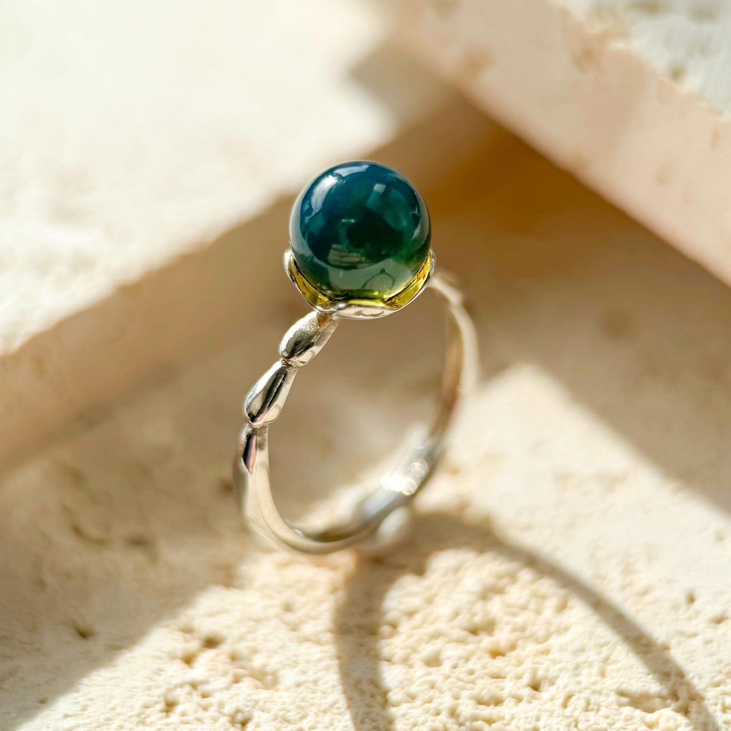 Dreamy Ripples - Natural Dominican Blue Amber Bead Sky Blue Amber Ring