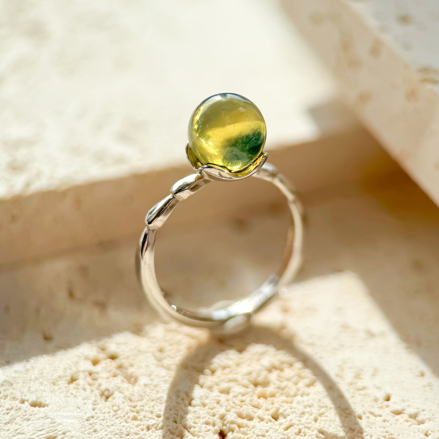 Dreamy Ripples - Natural Dominican Blue Amber Bead Sky Blue Amber Ring
