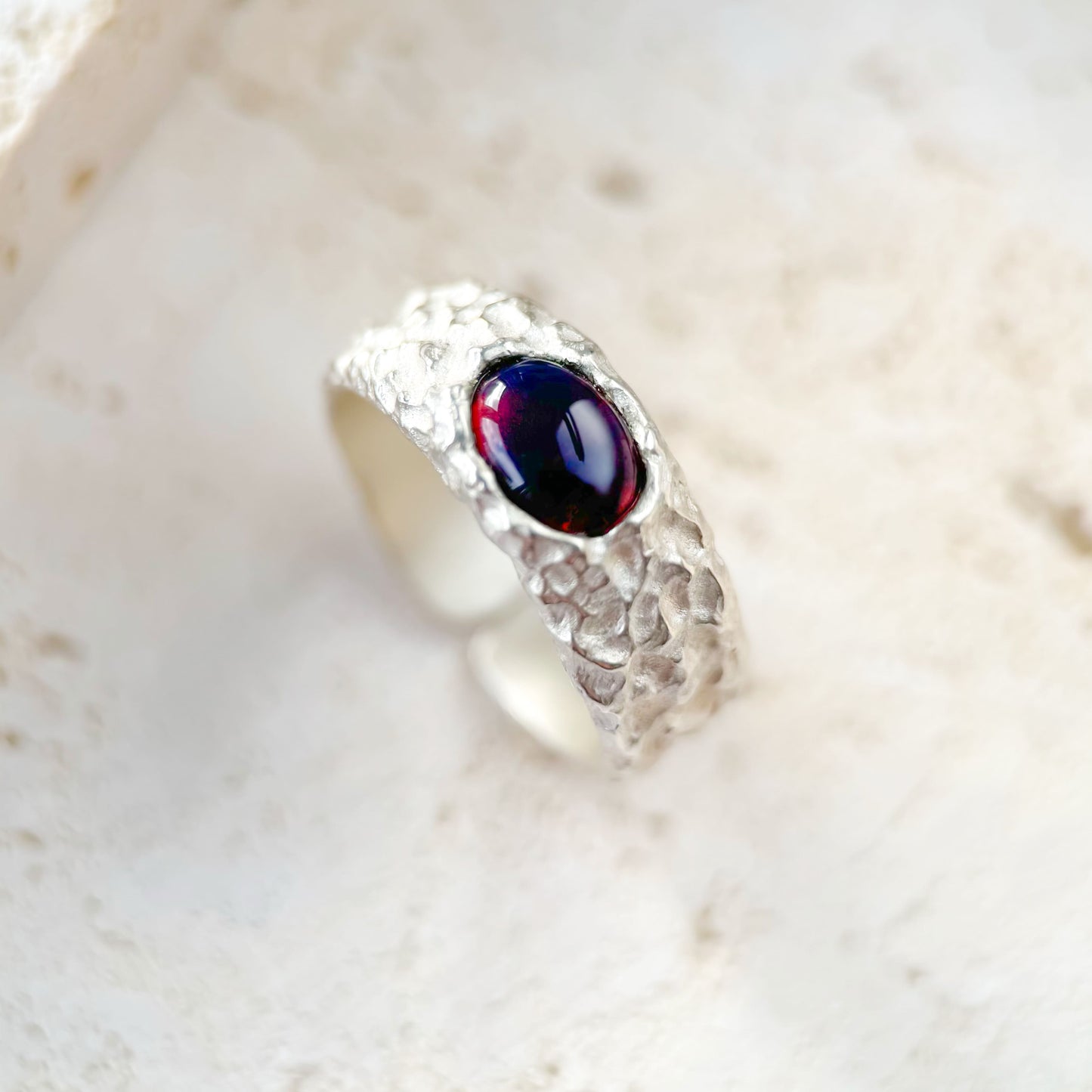 Evergreen - Natural Dominican Blue Amber Red Skin Sky Blue Amber Egg-shaped Handcrafted Silver Ring