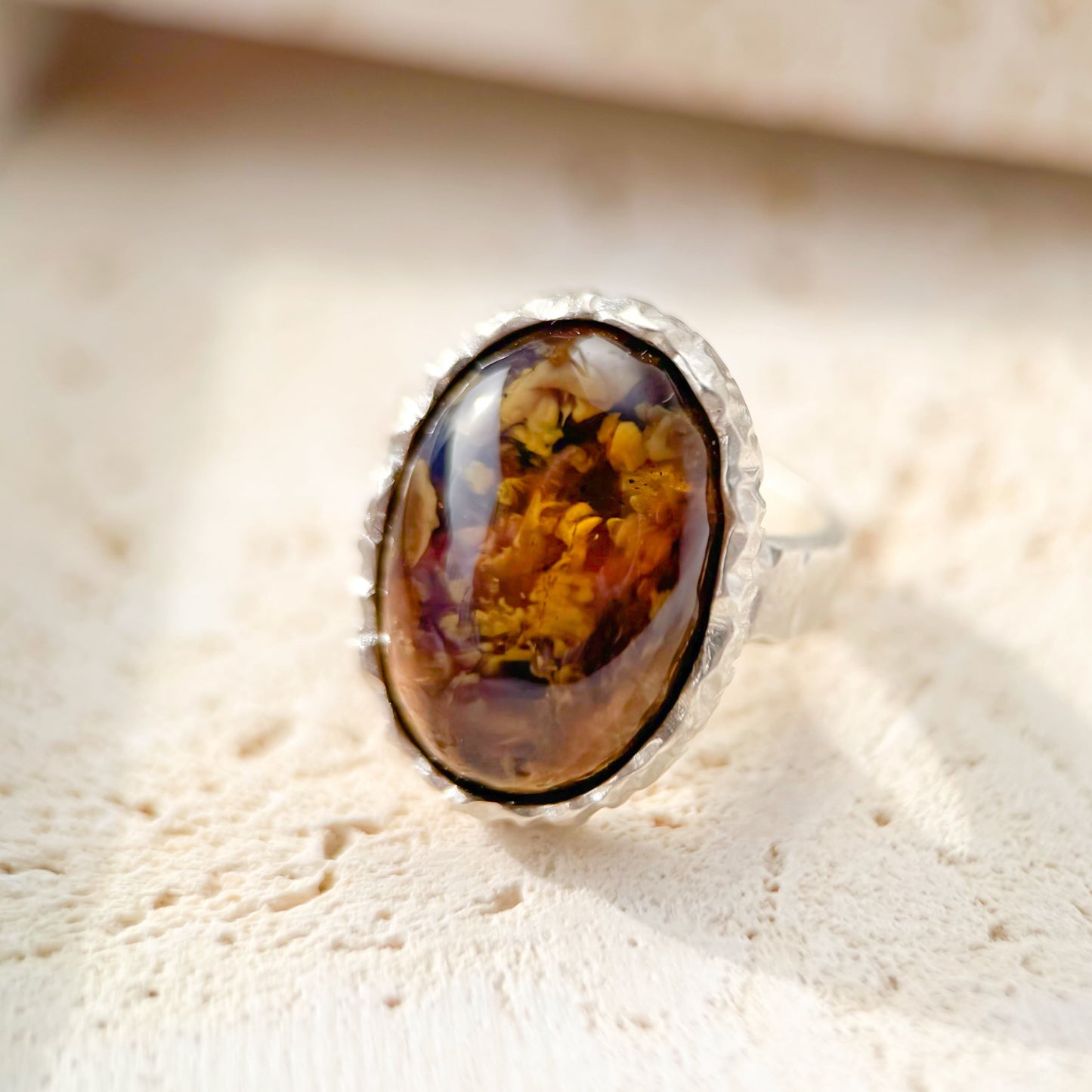 Taffy - Natural Dominican Blue Amber Landscape Amber Handcrafted Silver Ring