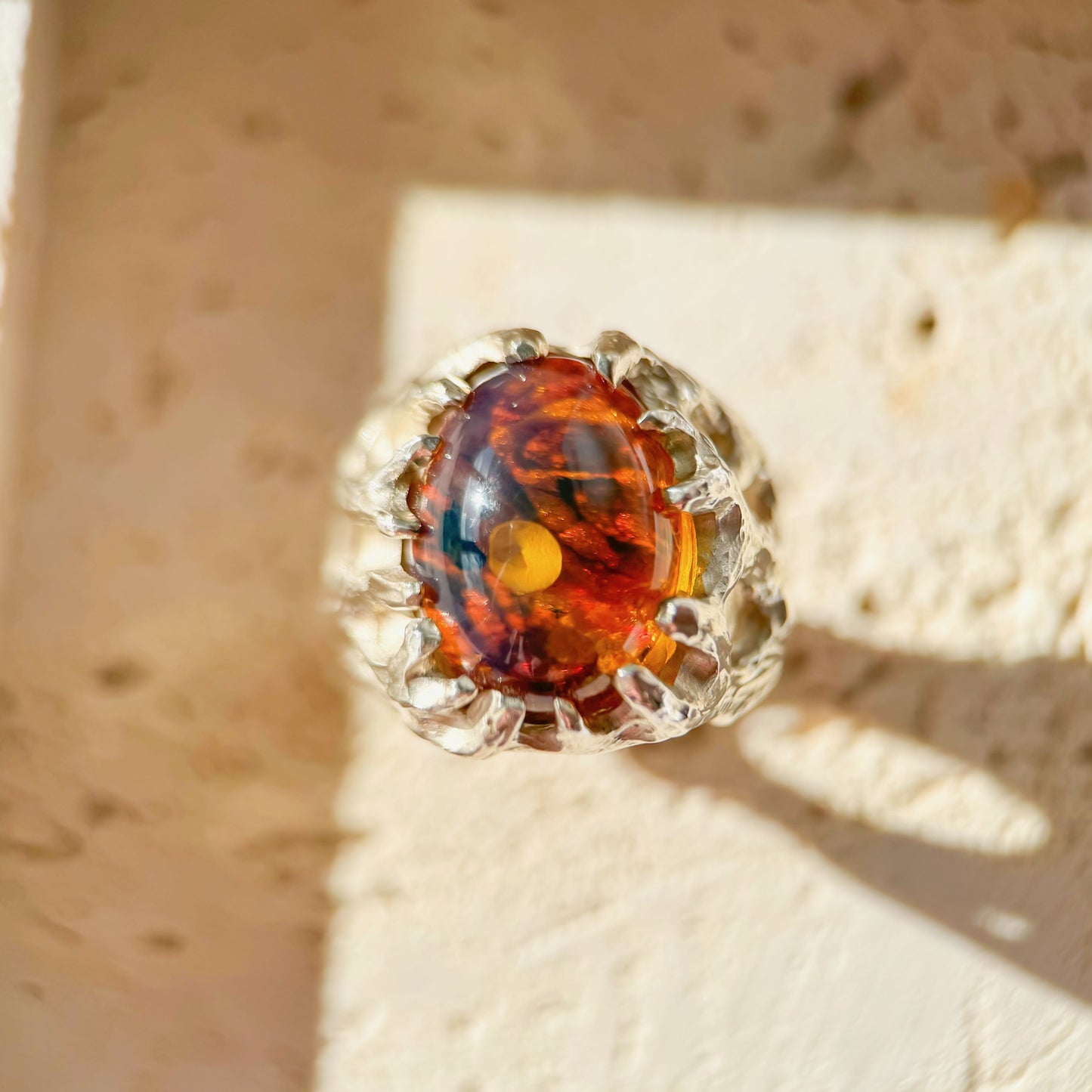 Tropical Rainforest - Natural Dominican Blue Amber Plant Fossil Amber Handcrafted Silver Ring