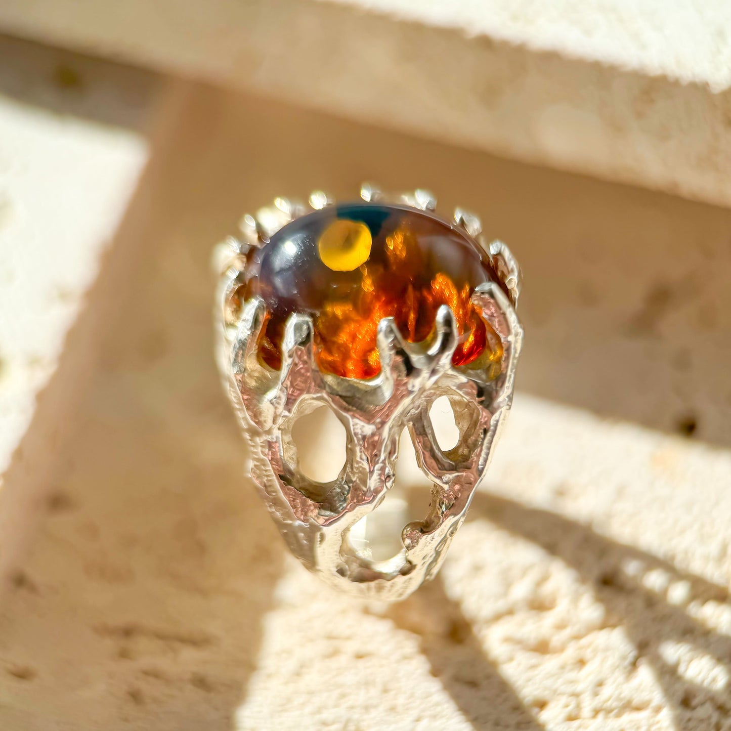 Tropical Rainforest - Natural Dominican Blue Amber Plant Fossil Amber Handcrafted Silver Ring