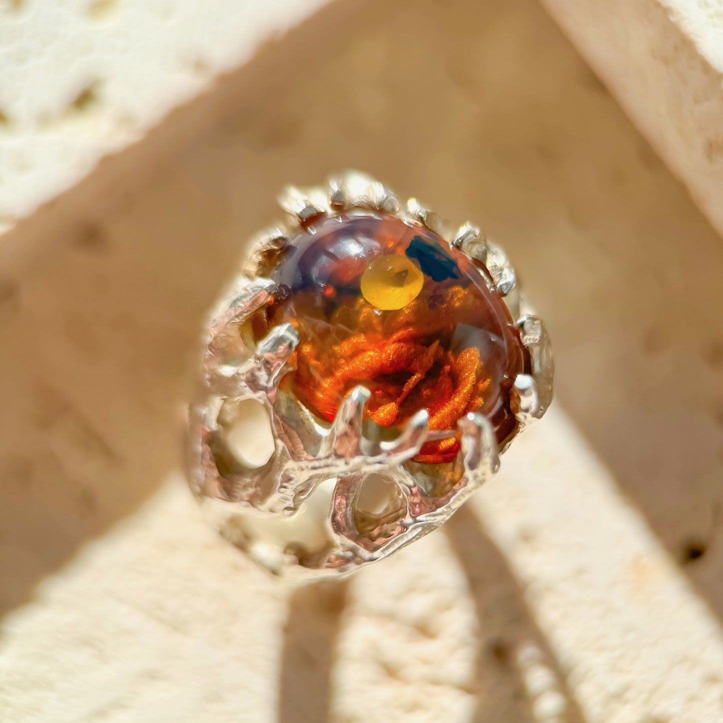 Tropical Rainforest - Natural Dominican Blue Amber Plant Fossil Amber Handcrafted Silver Ring