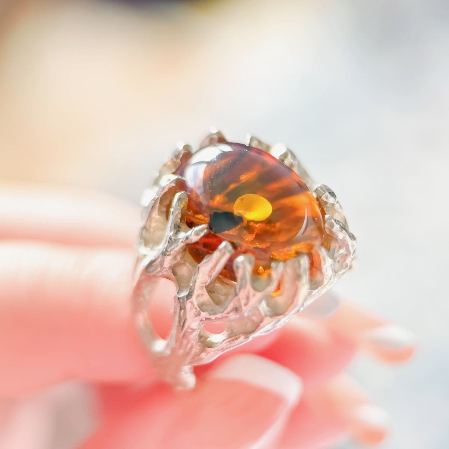 Tropical Rainforest - Natural Dominican Blue Amber Plant Fossil Amber Handcrafted Silver Ring