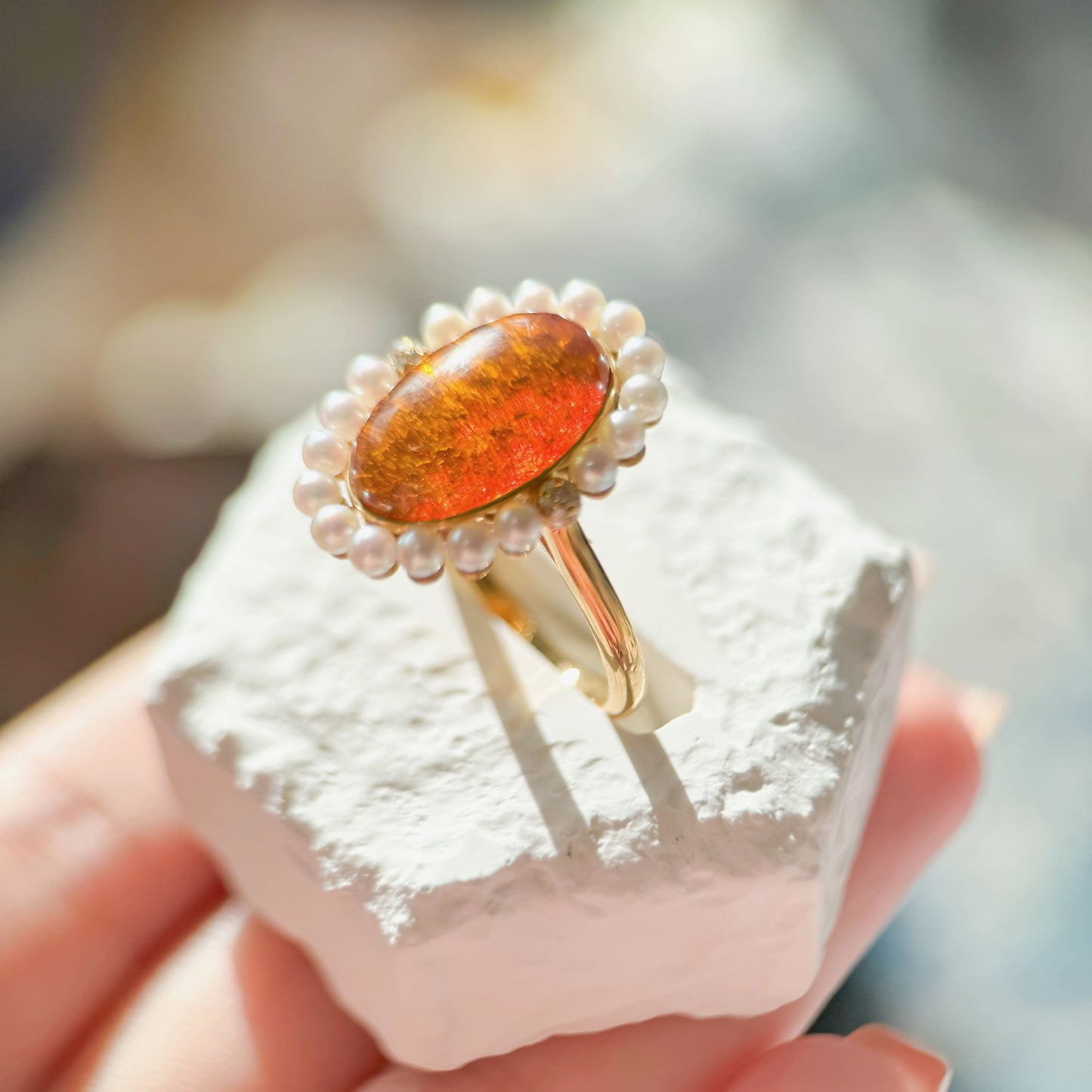 Winter Flame - 18K Gold Natural Dominican Blue Amber Sky Blue Amber Pearl Diamond Ring