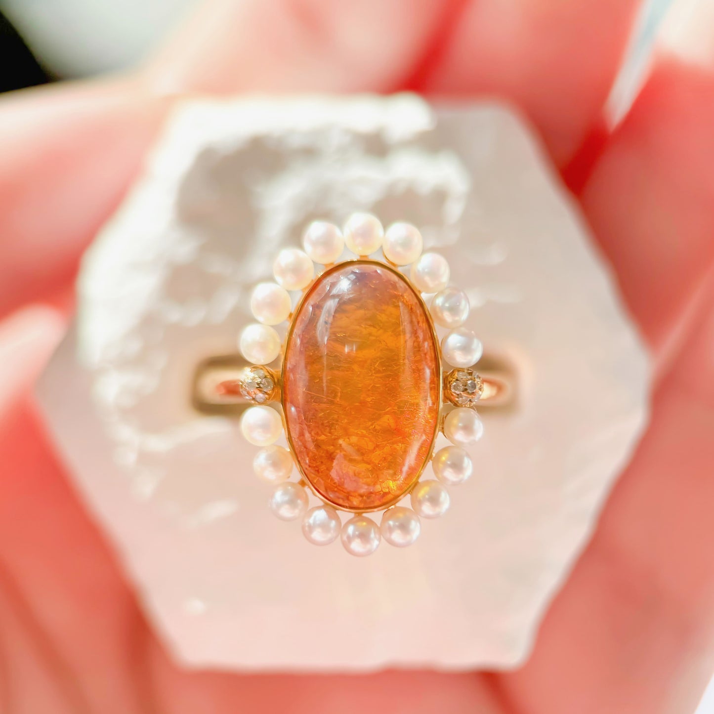 Winter Flame - 18K Gold Natural Dominican Blue Amber Sky Blue Amber Pearl Diamond Ring