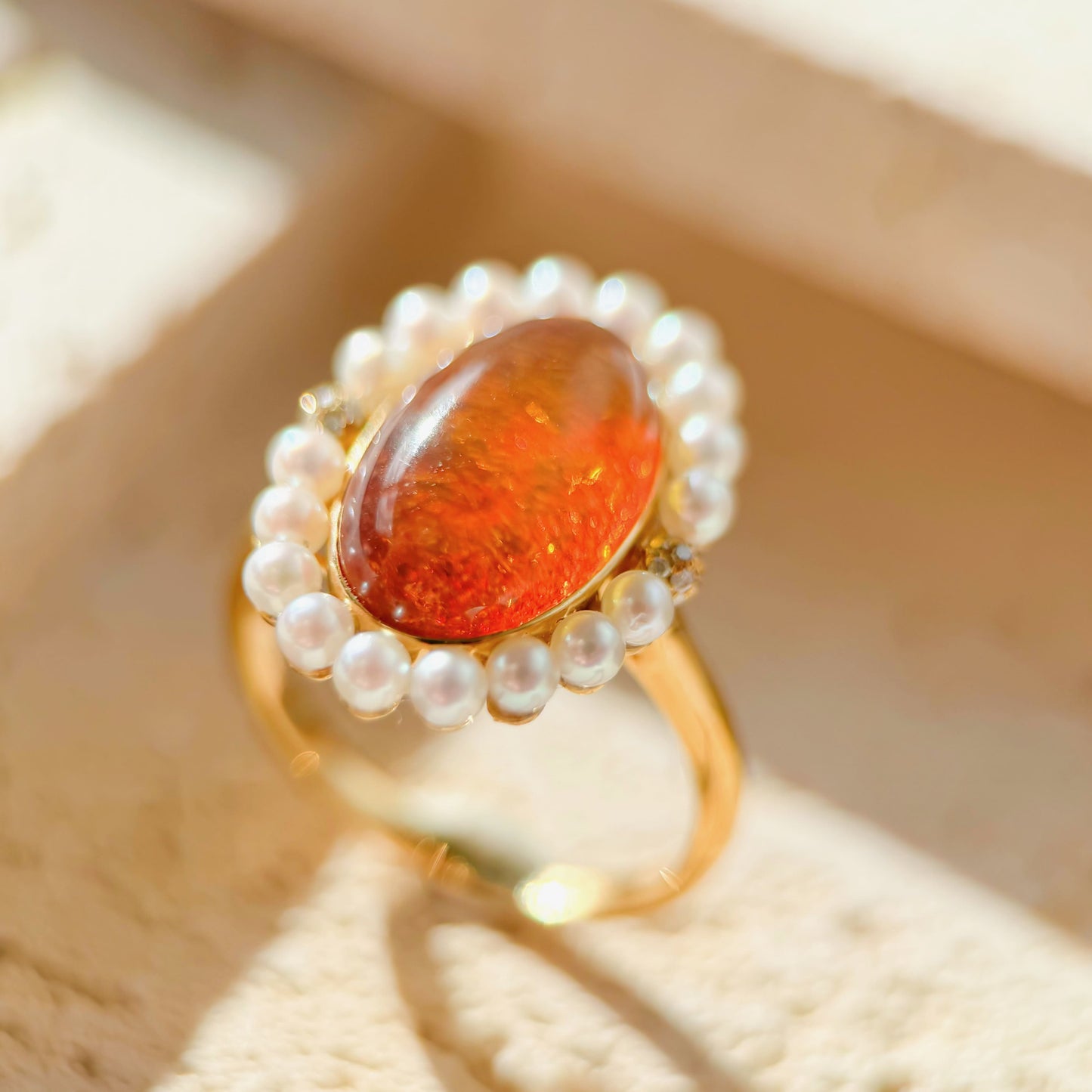 Winter Flame - 18K Gold Natural Dominican Blue Amber Sky Blue Amber Pearl Diamond Ring
