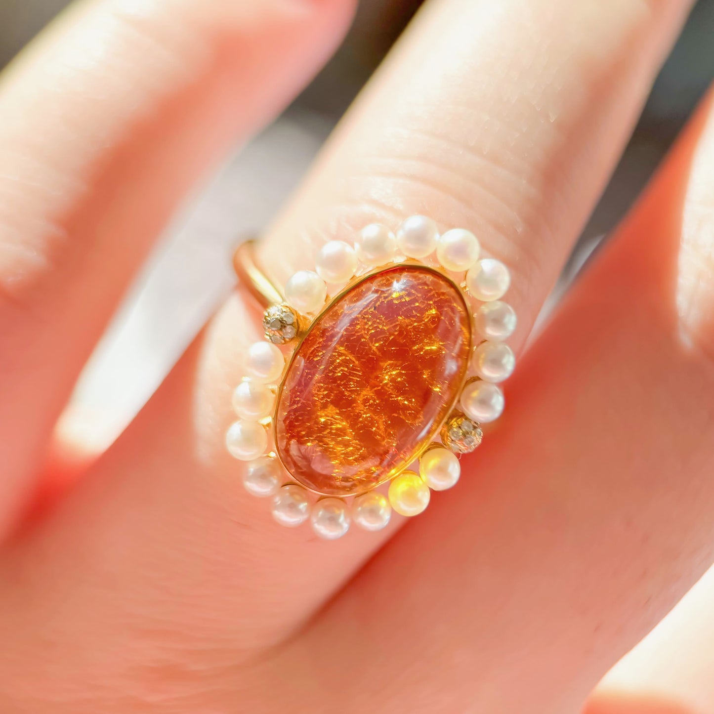 Winter Flame - 18K Gold Natural Dominican Blue Amber Sky Blue Amber Pearl Diamond Ring