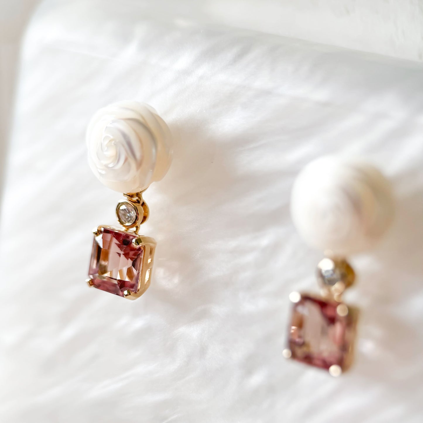 18K Gold Camellia Pearl Cherry Blossom Tourmaline Diamond Earrings