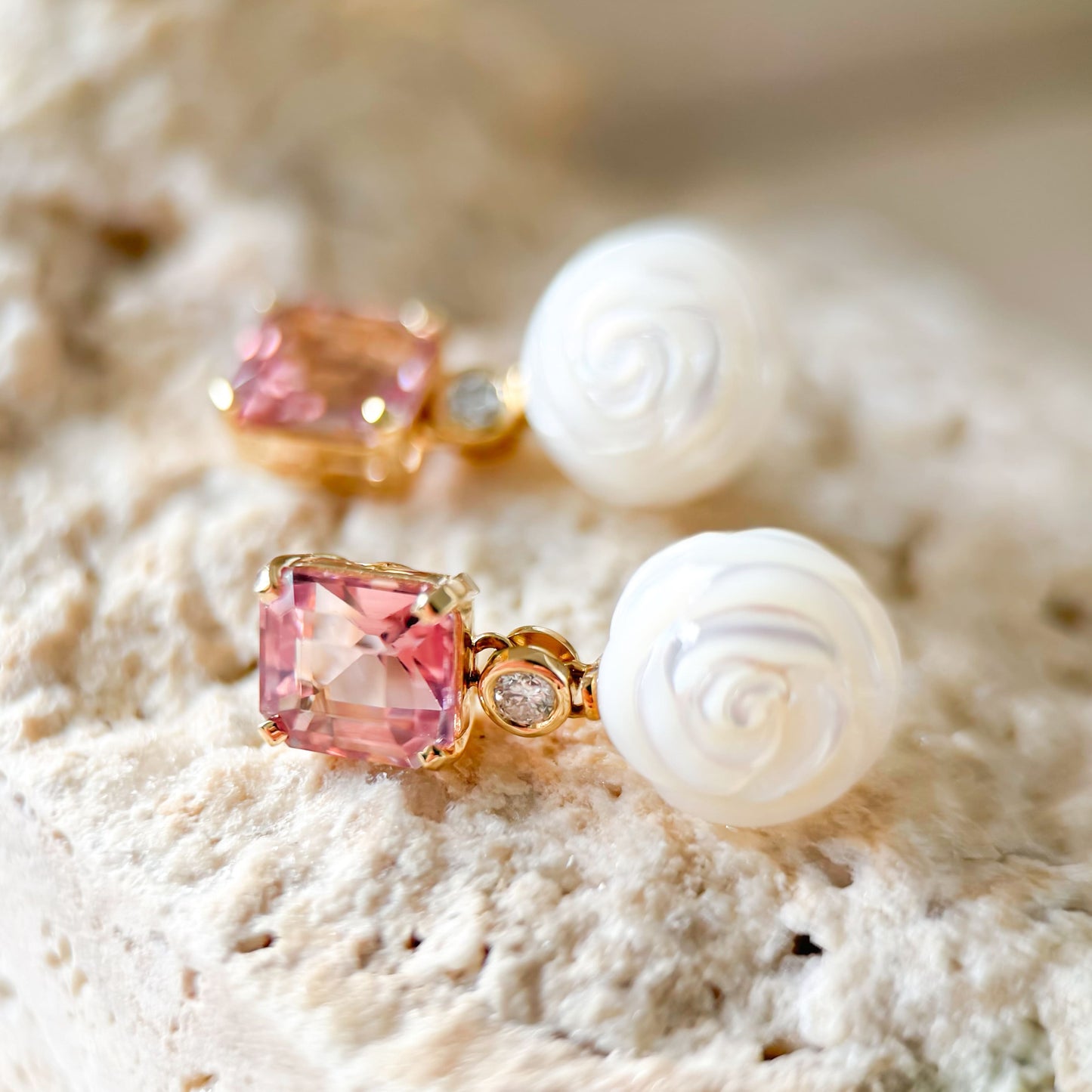 18K Gold Camellia Pearl Cherry Blossom Tourmaline Diamond Earrings