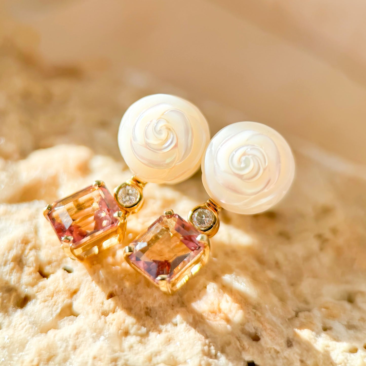18K Gold Camellia Pearl Cherry Blossom Tourmaline Diamond Earrings