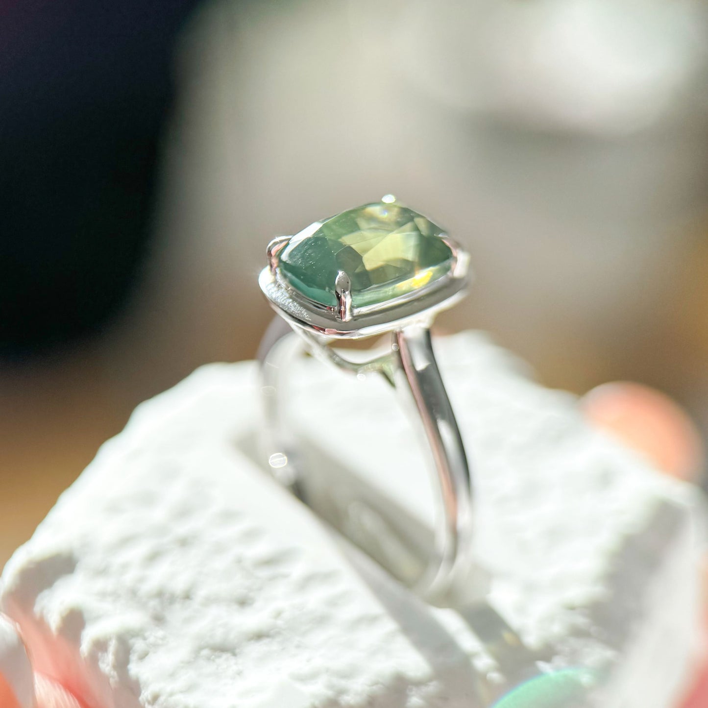 18K White Gold 6.95 Carat Natural Forest Green Zircon Ring
