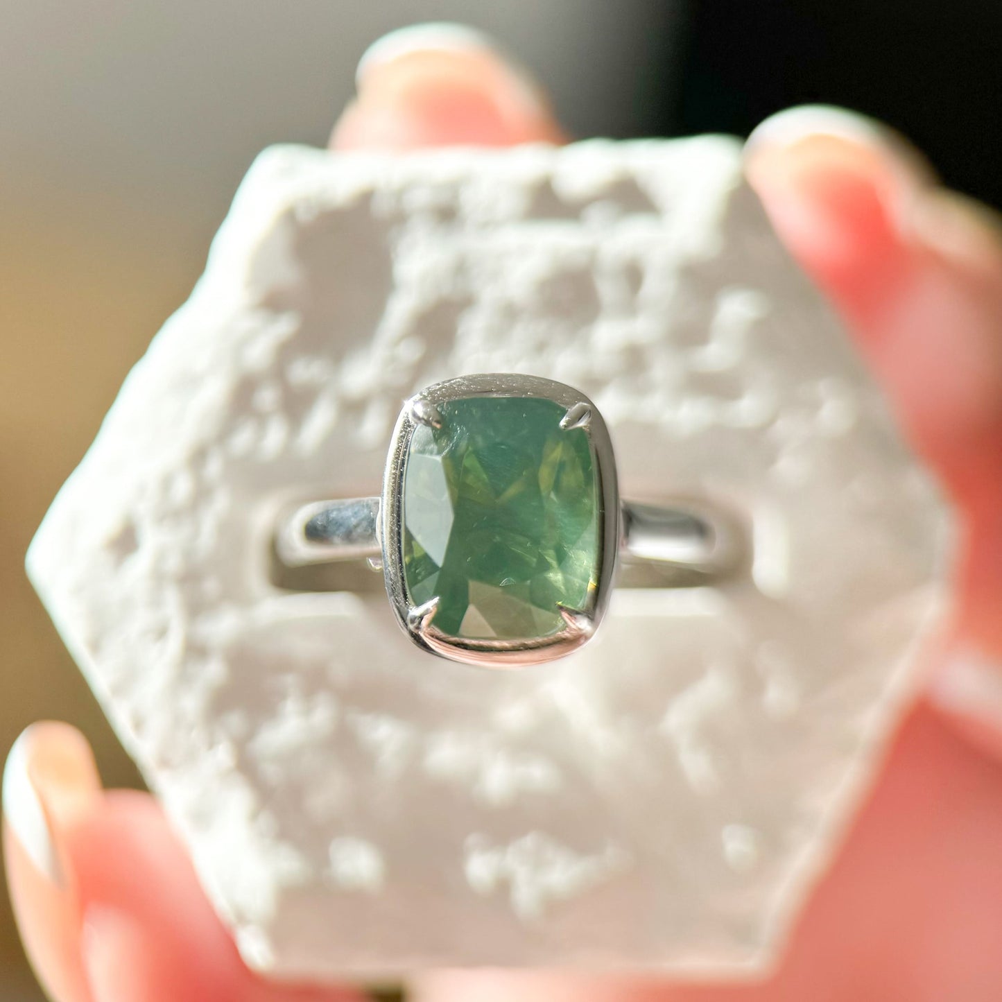 18K White Gold 6.95 Carat Natural Forest Green Zircon Ring