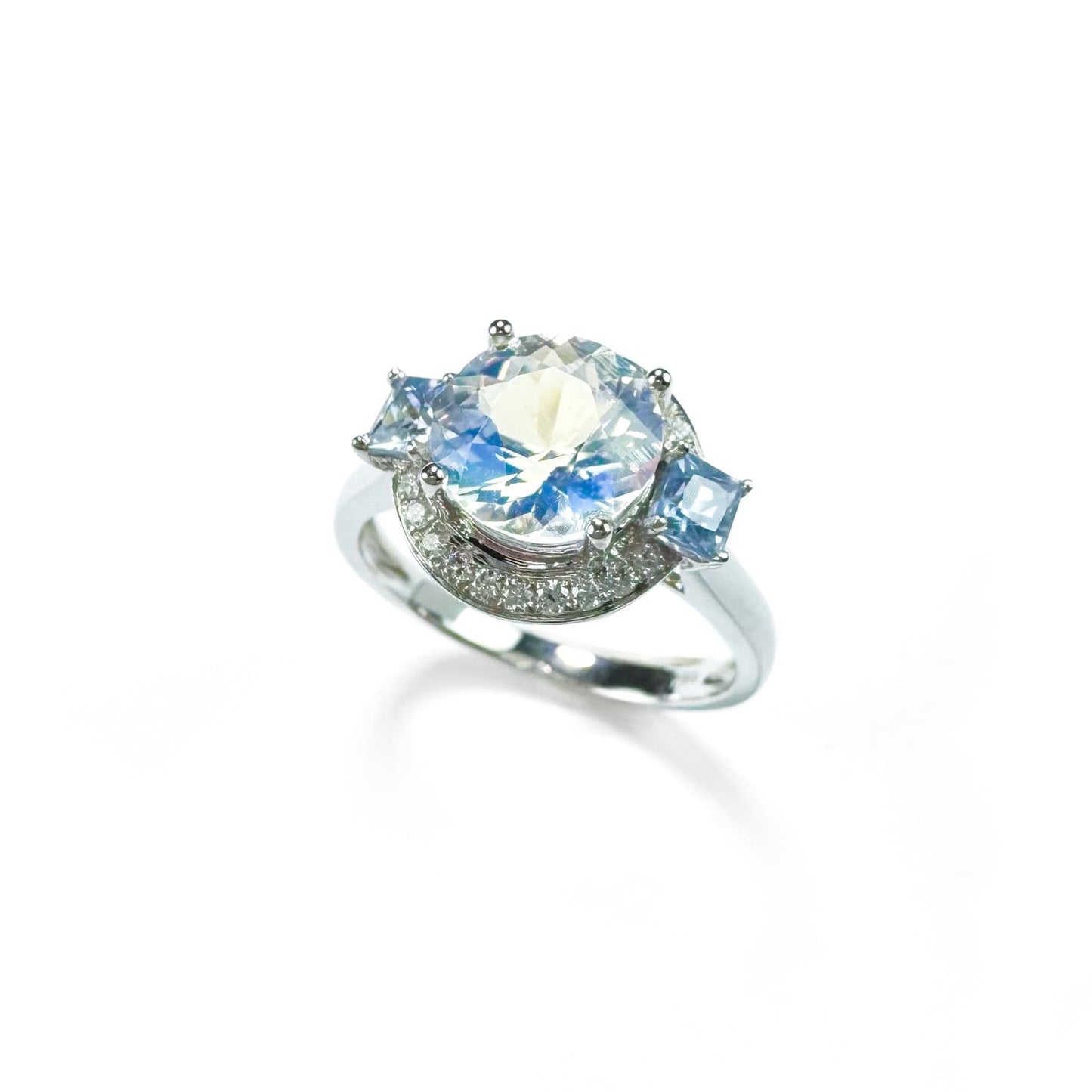 18K White Gold Natural Rainbow Moonstone Blue Sapphire and Diamond Ring