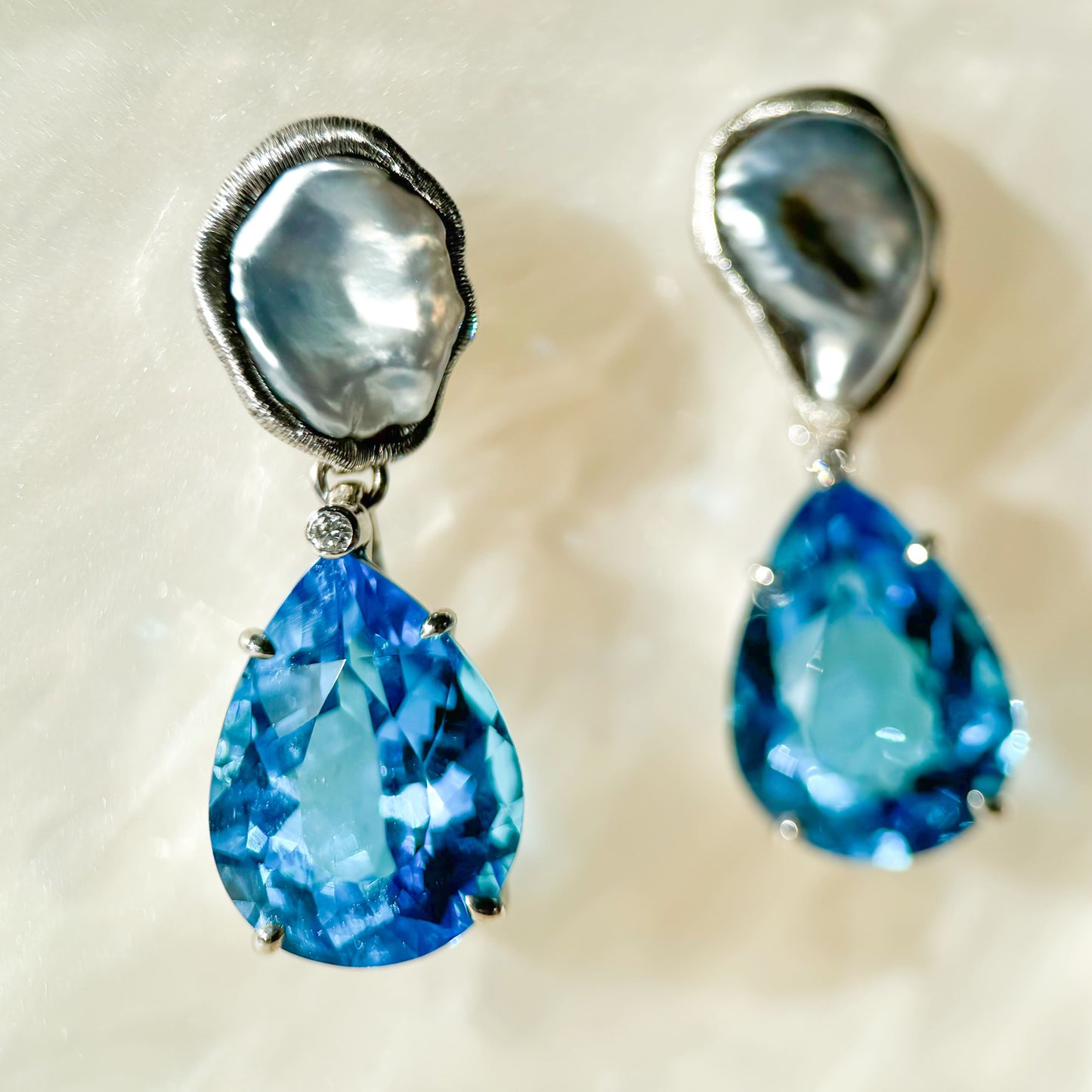 18K Gold Tahitian Silver-blue Keshi Pearl Swiss Blue Topaz Diamond Rigato Earrings