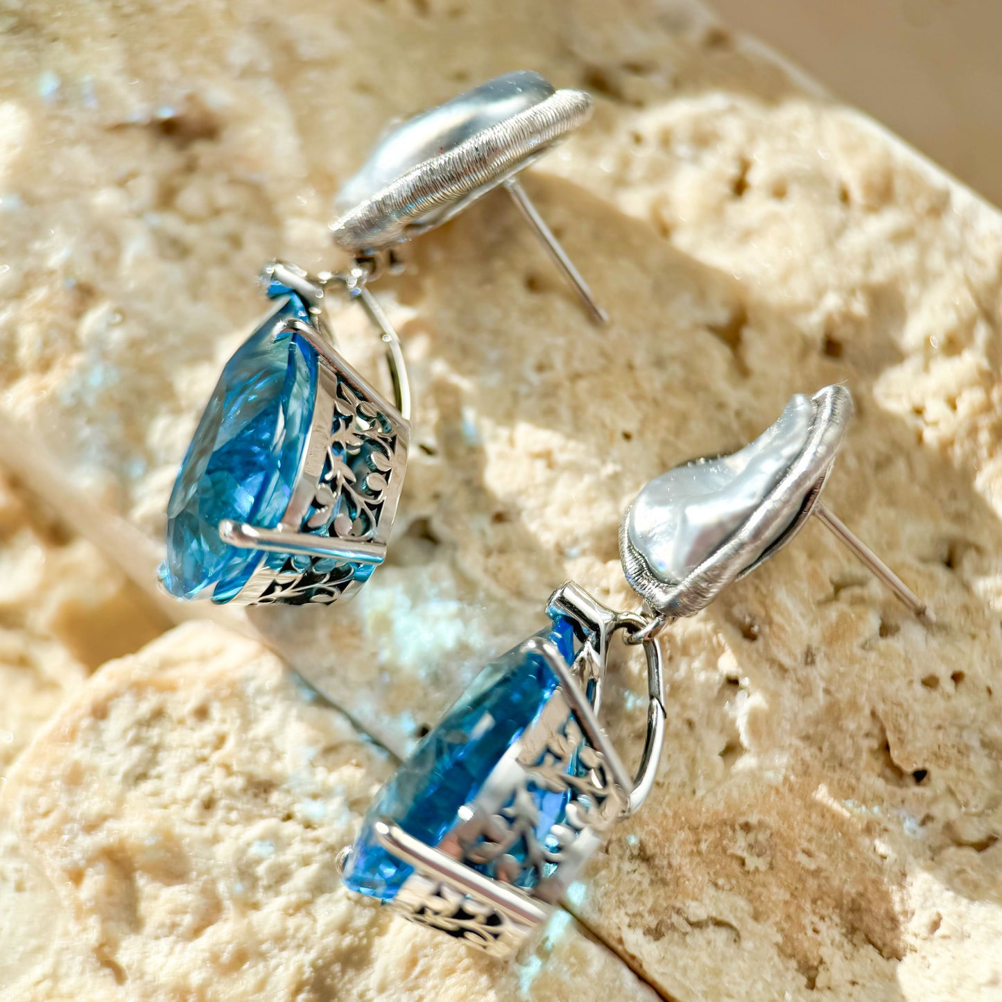 18K Gold Tahitian Silver-blue Keshi Pearl Swiss Blue Topaz Diamond Rigato Earrings