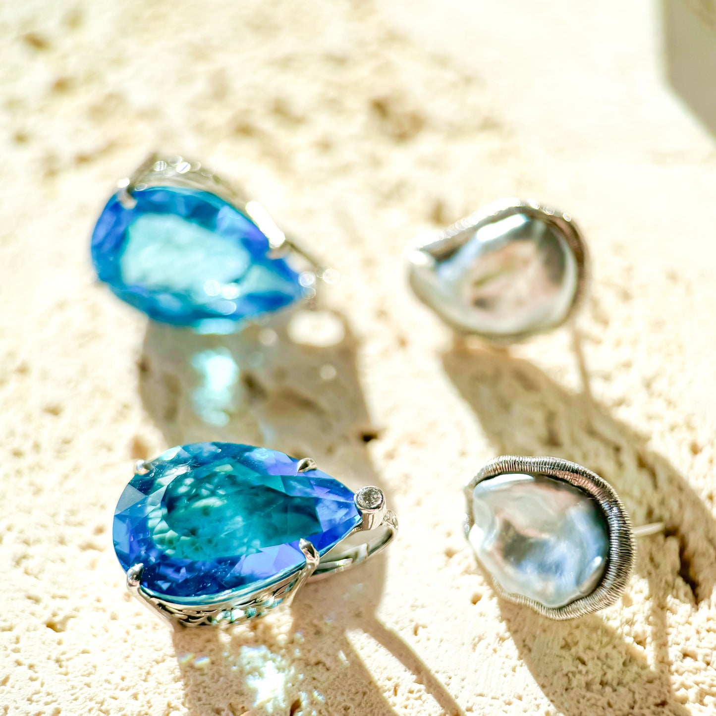 18K Gold Tahitian Silver-blue Keshi Pearl Swiss Blue Topaz Diamond Rigato Earrings