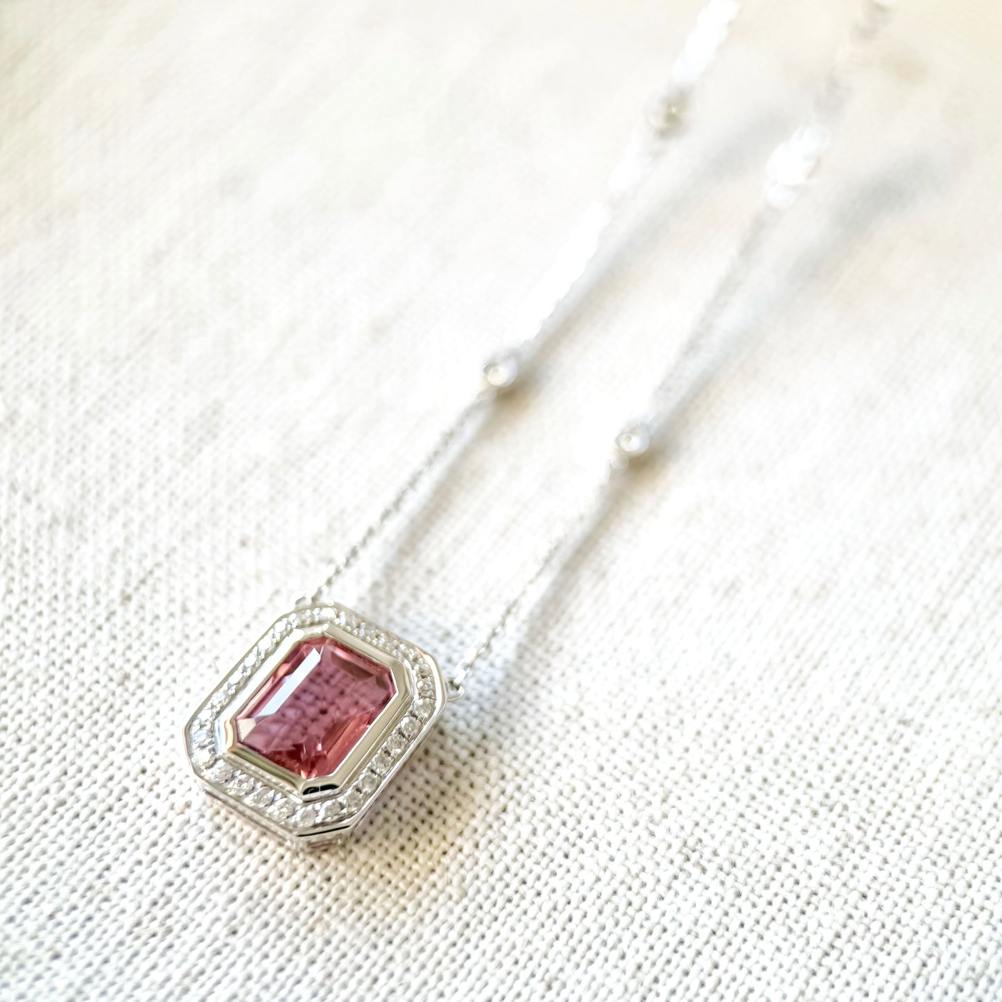 18K White Gold Cherry Blossom Pink Tourmaline Diamond Necklace