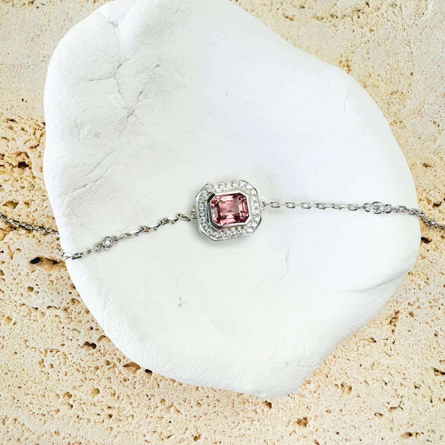 18K White Gold Cherry Blossom Pink Tourmaline Diamond Chain Bracelet
