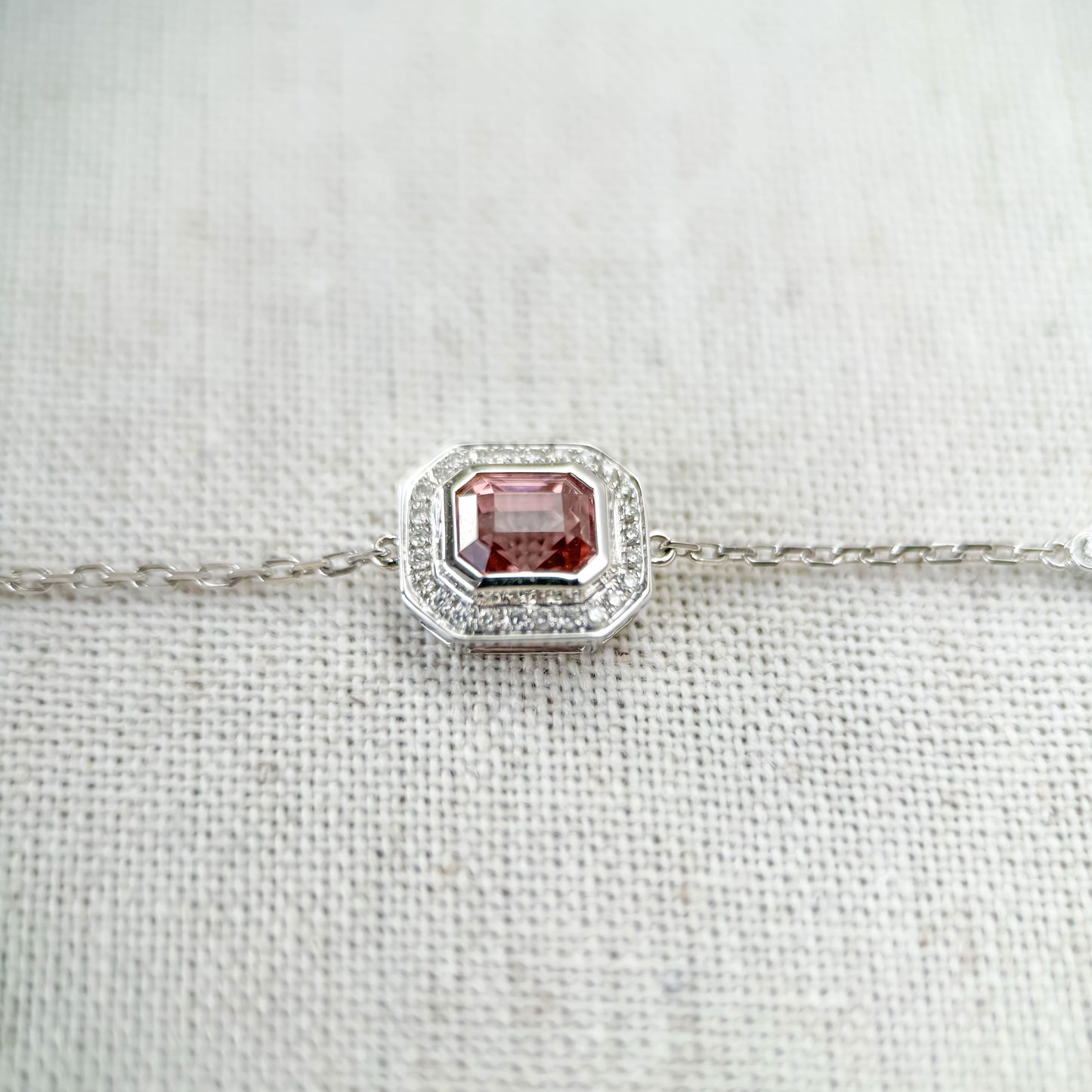 18K White Gold Cherry Blossom Pink Tourmaline Diamond Chain Bracelet