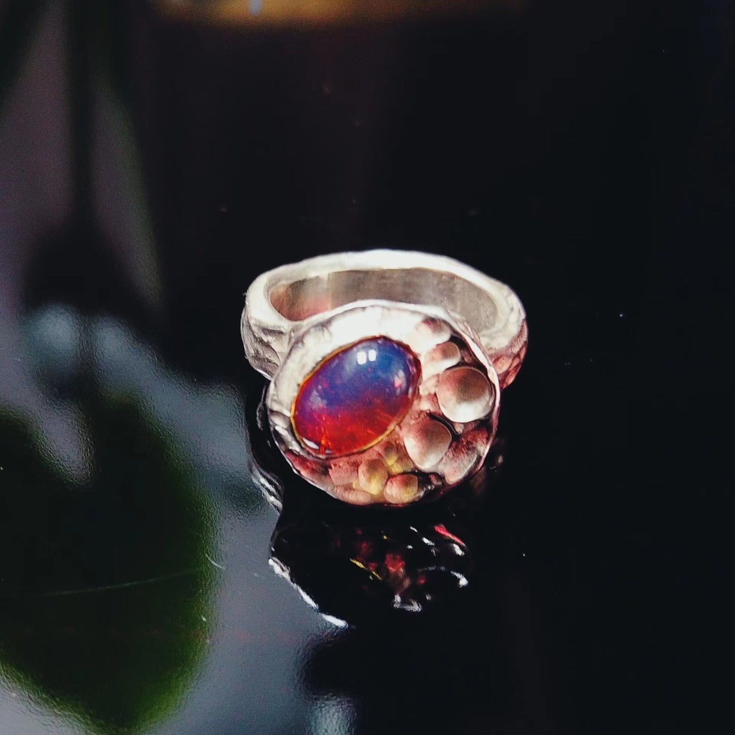Sunset Glow - Natural Red Skin Dominican Blue Amber Sky Blue Amber Ring
