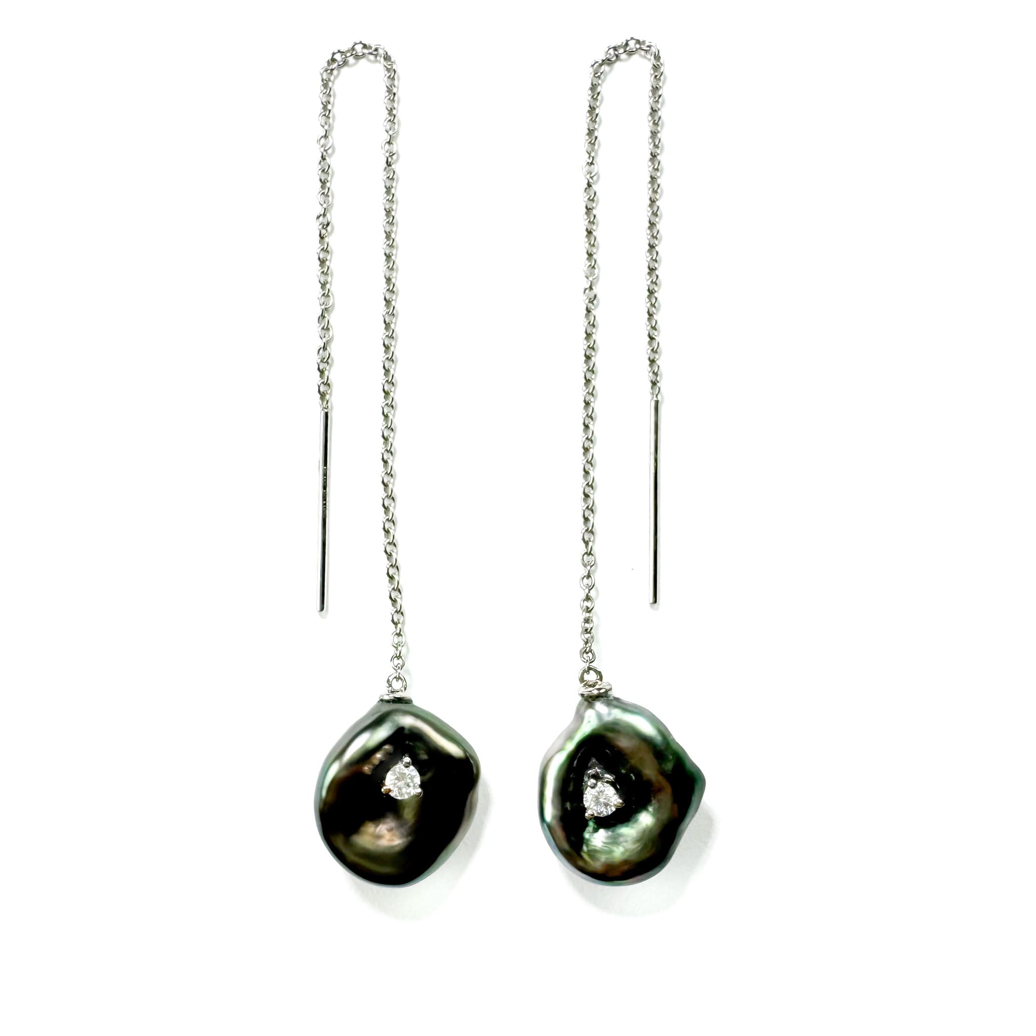 18K Gold Ear Thread with Tahitian Keshi Pearl and Diamonds