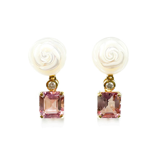 18K Gold Camellia Pearl Cherry Blossom Tourmaline Diamond Earrings