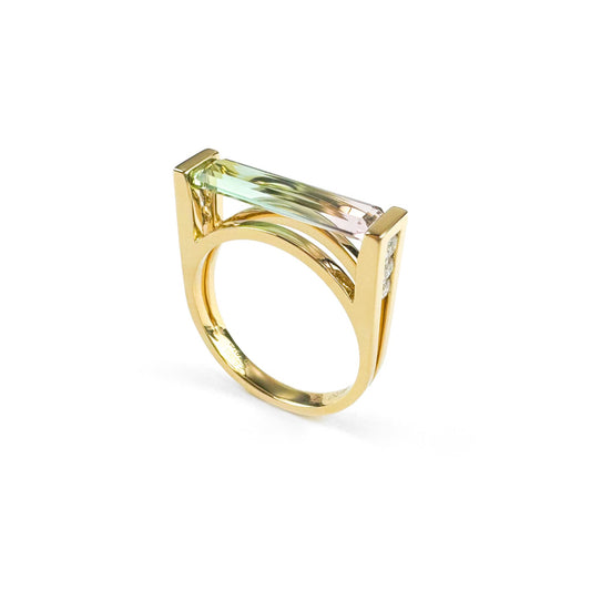 18K Gold Natural Watermelon Tourmaline Diamond Ring