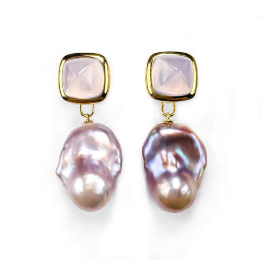 18K Gold Sugar Loaf Cut Lavender Amethyst Baroque Pearl Earrings