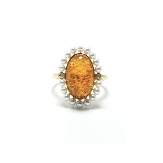 Winter Flame - 18K Gold Natural Dominican Blue Amber Sky Blue Amber Pearl Diamond Ring